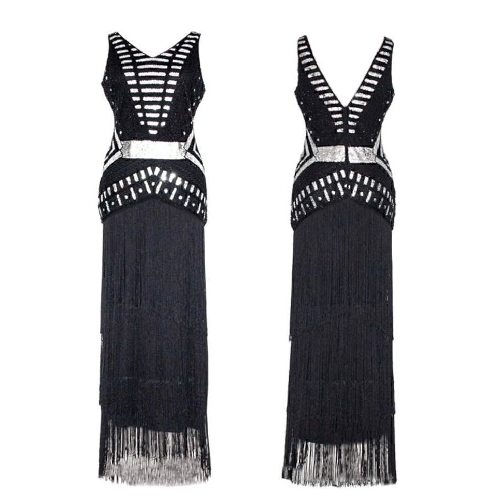 ✨🖤 Flapper Great Gatsby 1920s Retro Tassel Fringe Sequin Black Dress SIZE M NWT